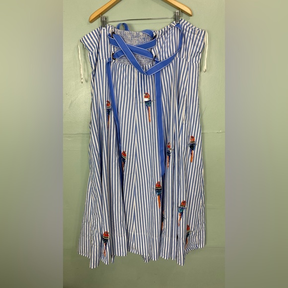 Anthropologie Maeve Tie Back A Line Maxi Dress Striped Blue Beaded Birds 24W - Picture 10 of 16